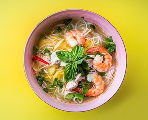 Wall Mural - Detailed view of Pho Chien Phong, golden and puffed, topdown shot, vibrant eatery ambiance , isolated background, pastel, object, commercial