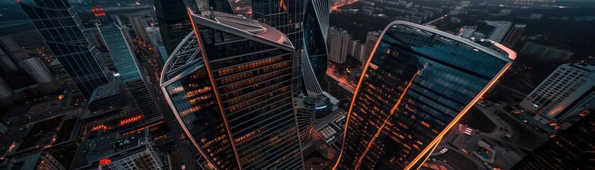 Wall Mural - Aerial view of modern skyscrapers in a city with bright lights illuminating the buildings at dusk, showcasing urban architecture and cityscape.