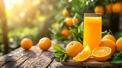 Wall Mural - Freshly squeezed orange juice on a garden table. selective focus. Generative AI,