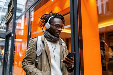 Wall Mural - A man with dreadlocks and glasses is walking down the street while looking at his phone. He is wearing a brown coat and a white sweater