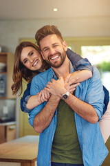 Canvas Print - Happy man, woman and hug in kitchen for portrait, love and romance or support at home. Couple, together and smile in living space for trust, comfort and affection in relationship and commitment