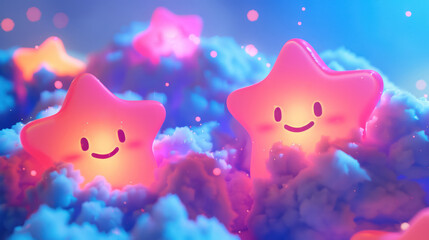 Wall Mural - cheerful pink stars floating in dreamy blue clouds at twilight