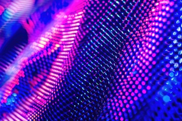 Poster - A colorful, abstract background with a purple and blue hue. The background is made up of many small dots, creating a sense of depth and movement. Scene is energetic and dynamic, with the bright colors