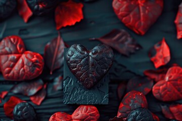 A heart shaped chocolate bar sits on a table with red leaves and other chocolate shaped objects. Concept of love and warmth, as the heart shape is often associated with affection and romance