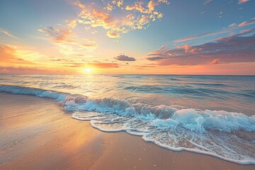 Wall Mural - The ocean is calm and the sun is setting, creating a beautiful and serene atmosphere. The water is a deep blue color, and the sky is filled with clouds, giving the scene a peaceful and relaxing vibe