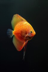 Wall Mural - A fish with a red and yellow body is swimming in the water. The fish is surrounded by a dark background, which creates a sense of depth and mystery