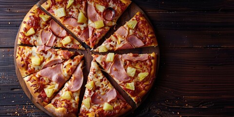 Poster - A pizza with ham and pineapple slices on a wooden board. The pizza is cut into eight pieces