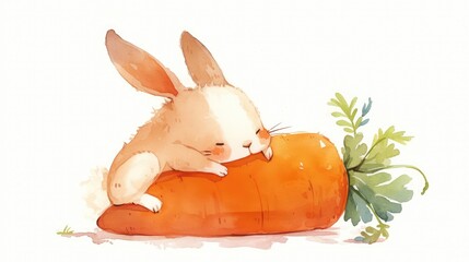 Wall Mural - An adorable rabbit bunny or hare snuggling a carrot is depicted in this charming Easter watercolor illustration featuring a fluffy cartoon character that exudes cuddly charm all set against