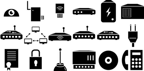 Set Of Linear Network Eguipment Icons Silhouette Vector Logo Design Containing Wi-Fi,Equipment,Wifi,Router,Network Simple Black Style Symbol Sign For Apps And Website, Vector Illustration