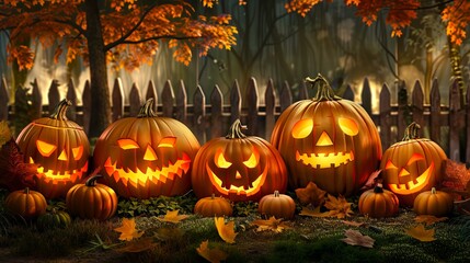 Wall Mural - Jack-o-lanterns and pumpkins on an autumn evening. Halloween decorations, spooky, fall season, pumpkin art