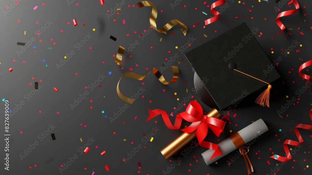 Graduation cap with diploma and festive confetti on black background ...