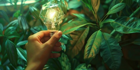 Wall Mural - A hand holding a light bulb in a green plant