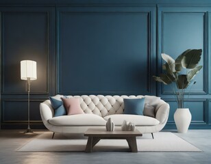 Wall Mural - Modern living room has an white sofa on empty dark blue wall background - 3D
