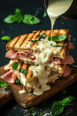 Wall Mural - A sandwich with cheese and ham is being poured over it. The sandwich is on a wooden board and has a lot of cheese on it