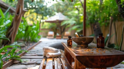 A tranquil outdoor spa with a wooden bench for Ayurvedic oils and herbal poultices, ideal for rejuvenation.