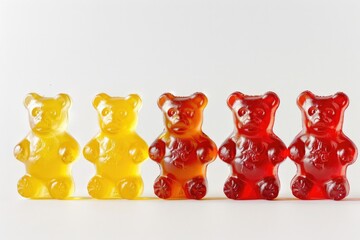 A row of gummy bears in different colors. The yellow bear is the leftmost and the red bear is the rightmost