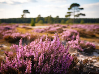 Wall Mural - Pink heather blossoms decorate the landscape of Aekingerzand