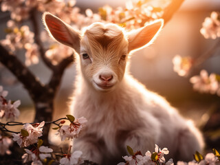 In a field of spring flowers, a baby goat frolics