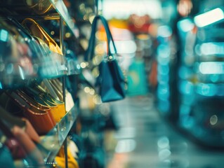 Wall Mural - A store with a display of shoes and a purse. The purse is hanging from a rack. The store is brightly lit and the colors are vibrant