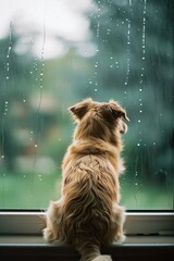 Wall Mural - A dog is sitting by a window looking out at the rain. The dog appears to be looking at something outside, but it is not clear what it is. The scene is peaceful and calming