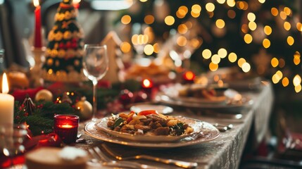 A table with a Christmas tree in the background and a variety of food on plates. The table is set for a festive meal