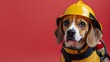 © vanilnilnilla - Valiant Canine Firefighter Beagle donning Protective Gear on a Solid Red Backdrop