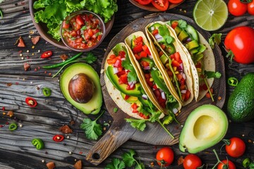 A plate of three tacos with avocado, tomatoes, and onions. The plate is on a wooden board with a bowl of salsa and a bowl of lettuce