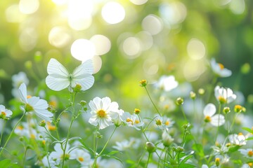 A field of white flowers with a butterfly in the foreground. Concept of peace and tranquility, as the butterfly flutters among the flowers, creating a serene and calming atmosphere