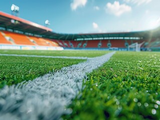 Wall Mural - A soccer field with a white line on the grass. The field is green and the sky is blue