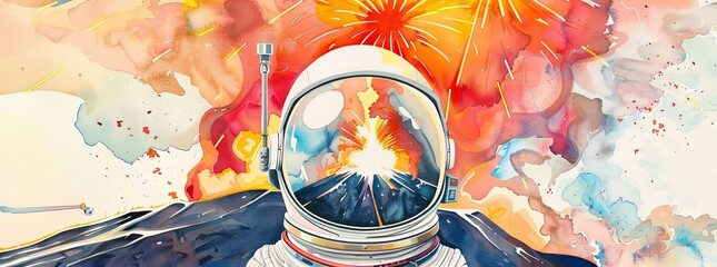 Watercolor depiction of an astronauts helmet reflecting an explosive display of fireworks and a volcanic eruption on an alien planet , watercolor, chubby cute cartoon