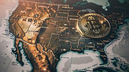 Bitcoin coin on political map of North America, on the territory of united states, use of cryptocurrency worldwide, economic power, crypto coint currency.
