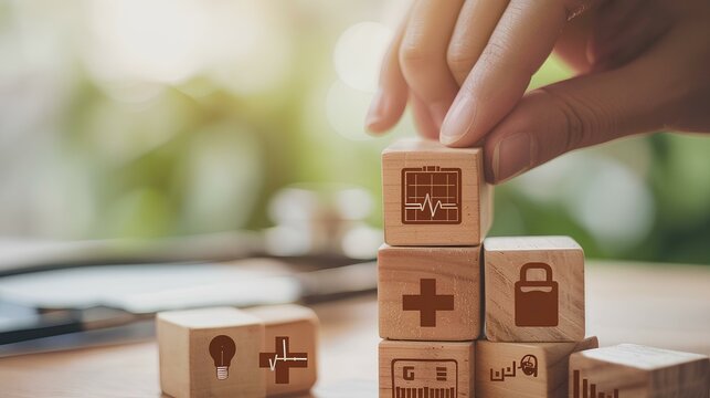 With precision and care, a hand places wooden blocks adorned with healthcare icons, symbolizing the foundational role of health insurance in safeguarding individuals