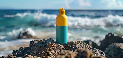 Wall Mural - Yellow and blue bottle on a beach with waves