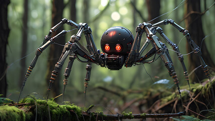 Robot spider spinning a web in the forest, Generative AI