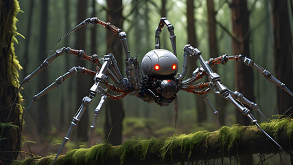 Robot spider spinning a web in the forest, Generative AI