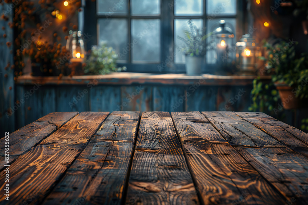 Empty rustic wood table and blurred soft light table in restaurant with ...