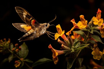 Sticker - AI generated illustration of a hummingbird moth over flowers against dark background