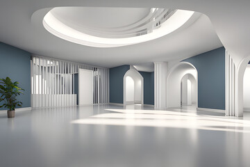 Wall Mural - A large, empty room with a high ceiling and hardwood floors. Sunlight streams through numerous tall windows along one wall, casting bright squares of light on the floor. 