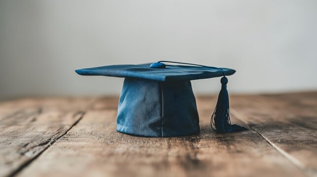 Blue graduation cap on rustic wooden table