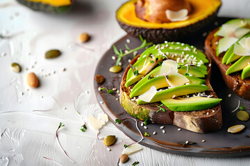 Wall Mural - Healthy avocado toasts with rye bread, sliced avocado, cheese, pumpkin, nut and sesame for breakfast or lunch. Vegetarian food. Vegan menu. Food recipe background. Close up