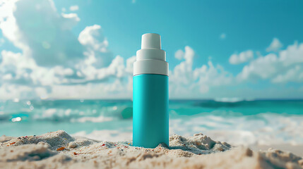 Blue sunscreen bottle on white sand beach with ocean background