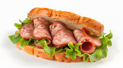 Wall Mural - Delicious sandwich with sausage slices on white background