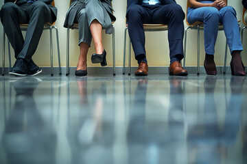 Wall Mural - Lower half of a diverse business team pose for job applicants in suits sitting in row, waiting for recruiting talk or interview results. HR, hiring, employment concept