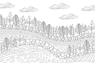 Wall Mural - coloring book page for adults and children. cloudy rural landsca