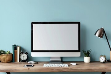 Wall Mural - An image of an iMac with a blank screen on a desk, with a small wooden table beside it and some 