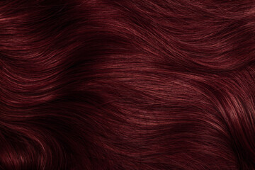 Sticker - Dark red hair close-up as a background. Women's long brown hair. Beautifully styled wavy shiny curls. Coloring hair with bright shades. Hairdressing procedures, extension.