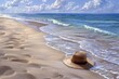 © JKIU - A peaceful beach setting with soft sand and gentle waves lapping at the shore, where a straw hat and a pair of flip-flops are left abandoned, inviting viewers to unwind and take it slow