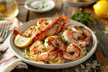 Wall Mural - Gourmet Seafood Pasta Dish with Shrimp and Lobster on a Rustic Wooden Table