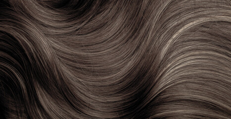 Wall Mural - Brown hair close-up as a background. Women's long brown hair. Beautifully styled wavy shiny curls. Hair coloring. Hairdressing procedures, extension.