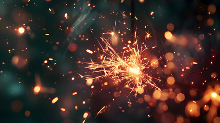 Wall Mural - Close-up of a bright sparkler igniting with vibrant fiery particles scattered across a dark backdrop.